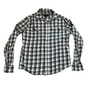 Brothers/Sons Men's Small Flannel Shirt Teal Tan Plaid Long Sleeve